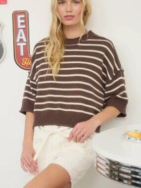 Stripe Raw Edge Drop Shoulder Short Sleeve Sweater
